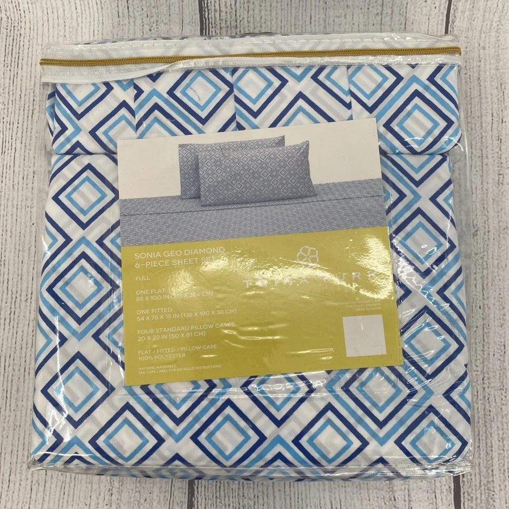 Trina Turk Sheet Set FULL White Blue Sonia Geo Diamond Geometric Colorful Modern